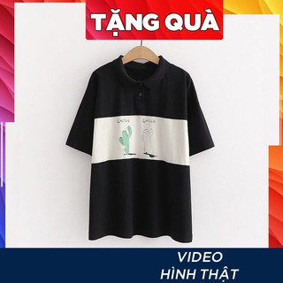 Áo thun nữ POLO tay lỡ có cổ phông form rộng freesize dáng unisex mặc đi học, cặp, nhóm, lớp in hình XƯƠNG RỒNG CACTUS