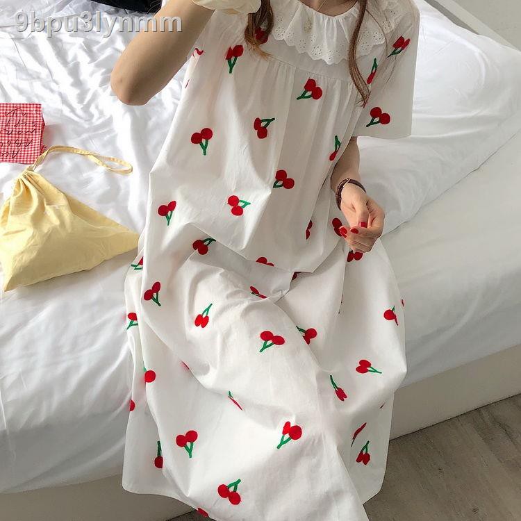 Phong cách hàn quốc váy ngủ pijama nữ mùa hè tân sinh viên ngắn tay ngọt ngào dài qua đầu gối trong bộ đồ ở nh