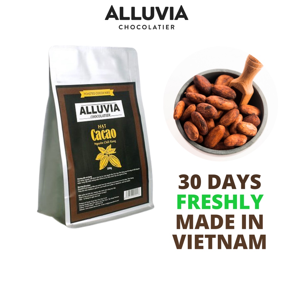 Hạt cacao Nibs rang nguyên chất 100% không đường không chất bảo quản Alluvia Chocolate túi 200 gram