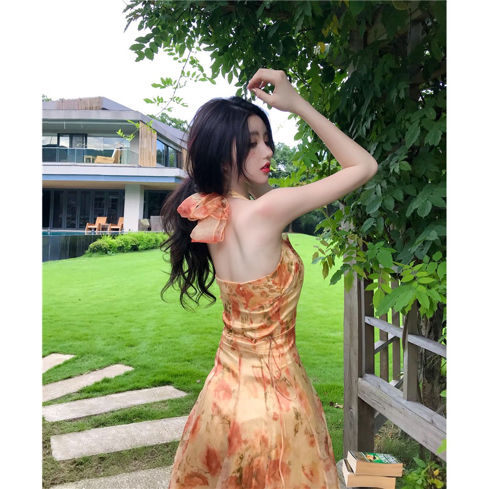 M140 - Đầm voan tơ hoa Ulzzang cổ yếm thắt nơ hở lưng quý phái