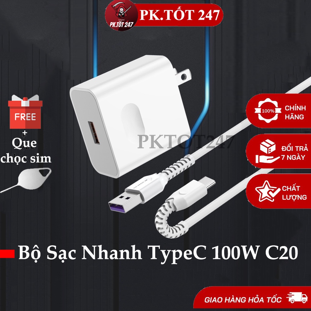 Bộ Sạc Nhanh 100W C20 Chân TypeC - Không Nóng Máy Giật Lag - Dùng Cho Mọi Loại Máy ( Củ Sạc Nhanh + Cáp Sạc Nhanh)