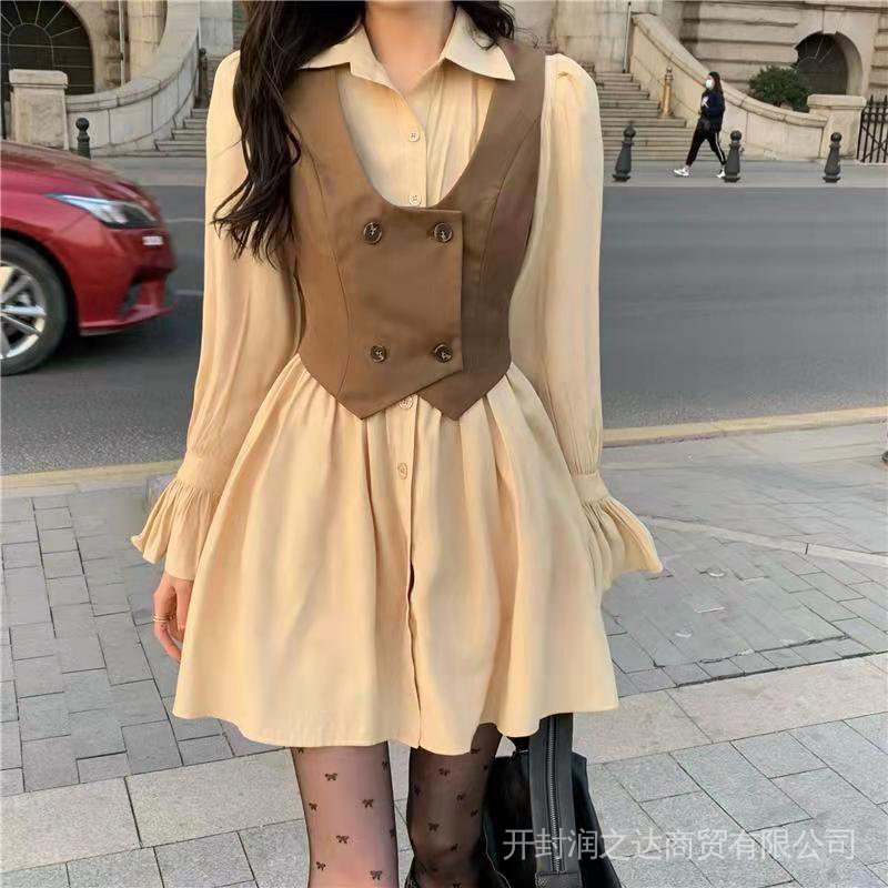 Bộ áo gile + đầm tay dài thời trang cổ điển cho nữ  2022 phiên bản tiếng Hàn mới