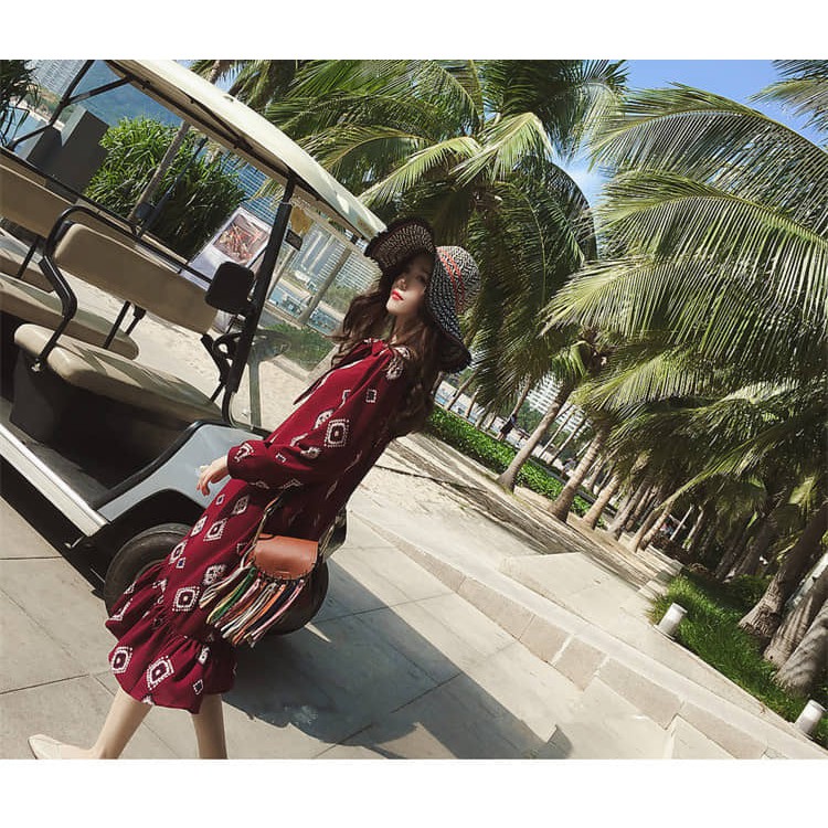 Đầm suông hè 2019 mới chất voan họa tiết nơ cổ dài tay SP.01525