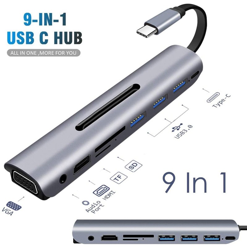 USB C Hub 9 in 1 Multiport Adapter with PD Power Delivery, 4K HDMI Output, 3 USB 3.0 Ports, Card Reader, VGA,Audio Port