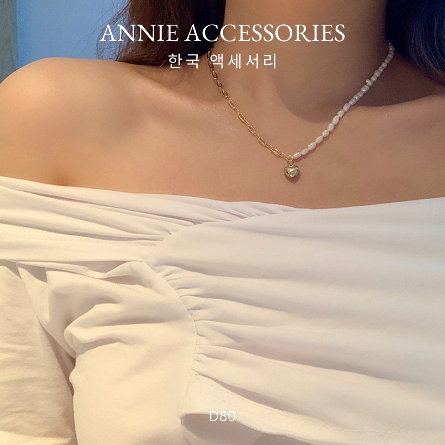 Vòng cổ dây chuyền ngọc trai nhân tạo phối tim vàng cá tính thời trang ANNIE - D80