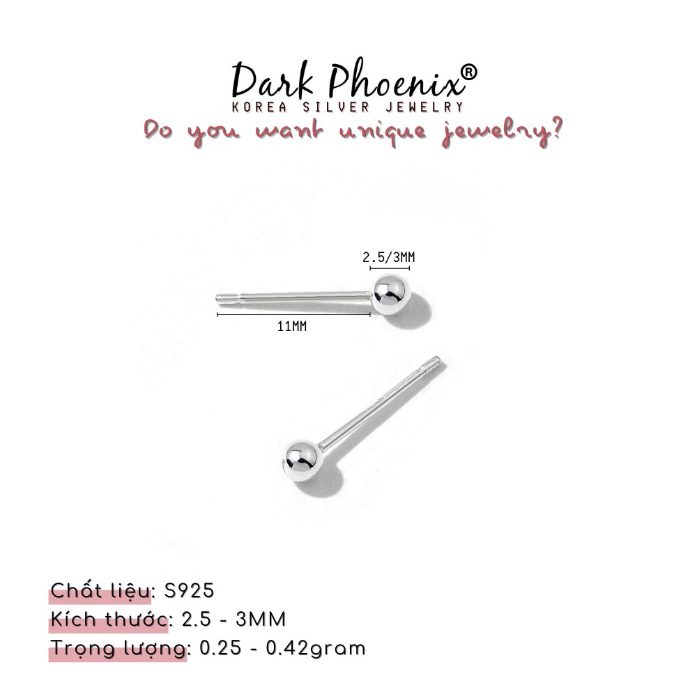 Bông tai bạc Darkphoenix chấm bi nụ tròn 3mm phong cách Ulzzang Korea Basic - 1BT02