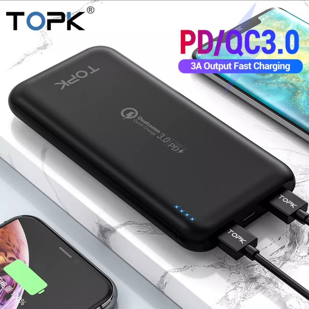 TOPK Sạc dự phòng cổng USB hỗ trợ sạc nhanh PD QC3.0 QC2.0 cho Huawei P20 Samsung S8 Xiaomi Oppo Vivo