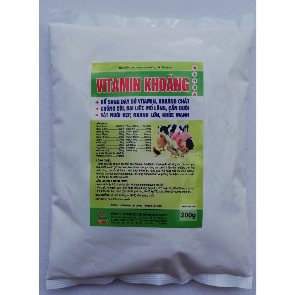 1 gói VITAMIN KHOÁNG 200g Kích thích thèm ăn, tiêu hóa tốt thức ăn, giúp vật nuôi mau lớn, tăng trọng nhanh