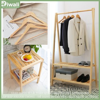 DIWALI - Combo 1 giá treo quần áo chữ a  + 1 kệ tab đầu giường + 10 móc gỗ treo quần áo