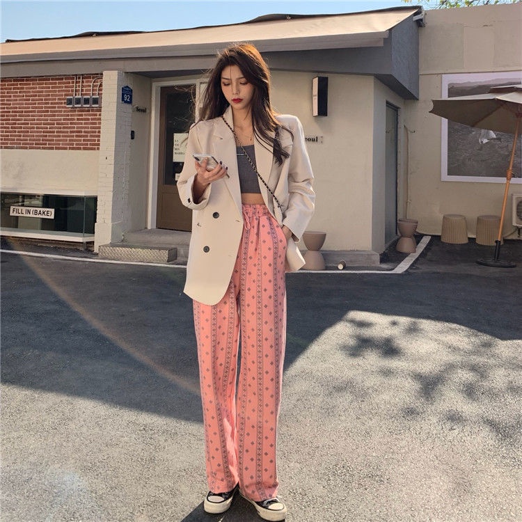 Happy-store  Quần dài ống rộng phong cách Hồng Hàn Quốc cá tính cho nữ