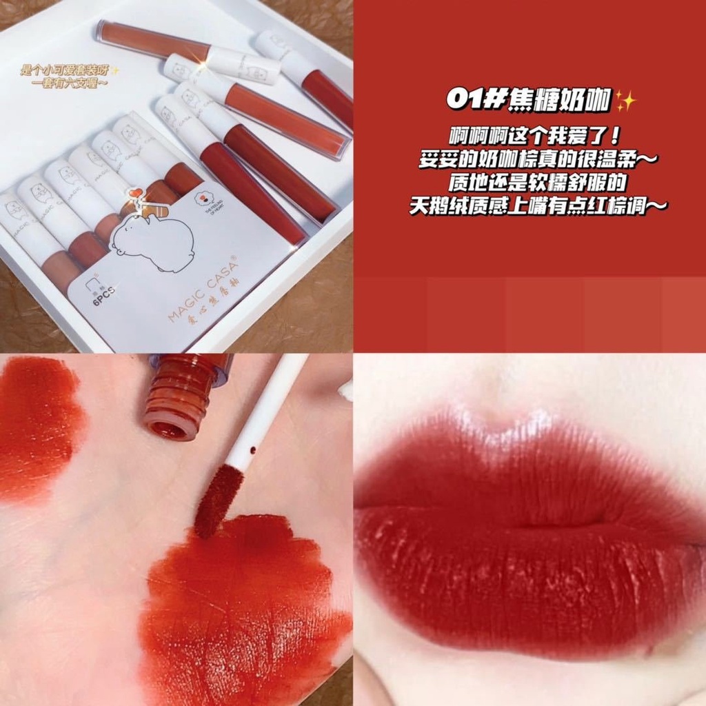 Set 6 Son Kem Lì Gấu Trắng MAGIC CASA Bear Fluffy Lip Glaze
