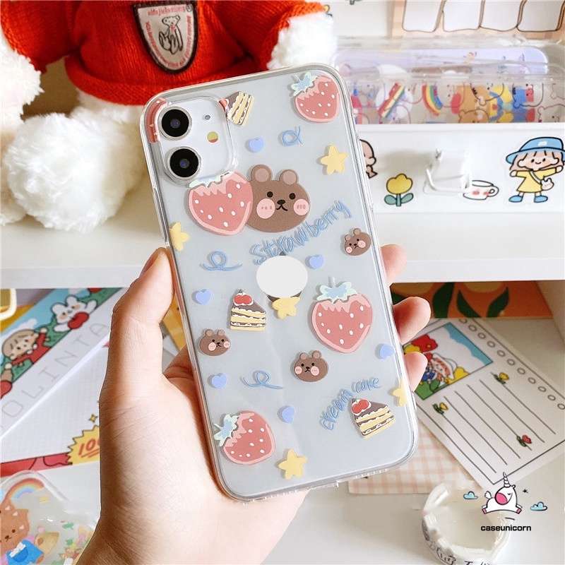 Ốp lưng iphone silicon dẻo trong suốt hình gấu/quả dâu dành cho iPhone 6 đến 14promax - t58