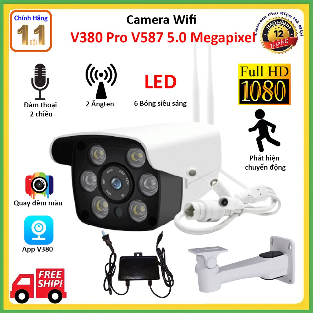 Camera wifi Ngoài trời V380 6 Led 5Mpx Chống nước quay đêm có màu-Phát hiện chuyển động Đàm thoại 2 chiều