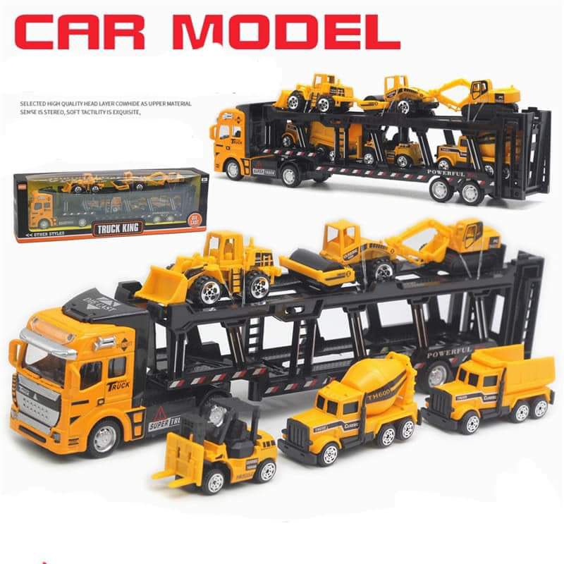 [Mẫu mới nhất shope]Mô hình xe container đầu kim loại chở 6 xe công trình kim loại.