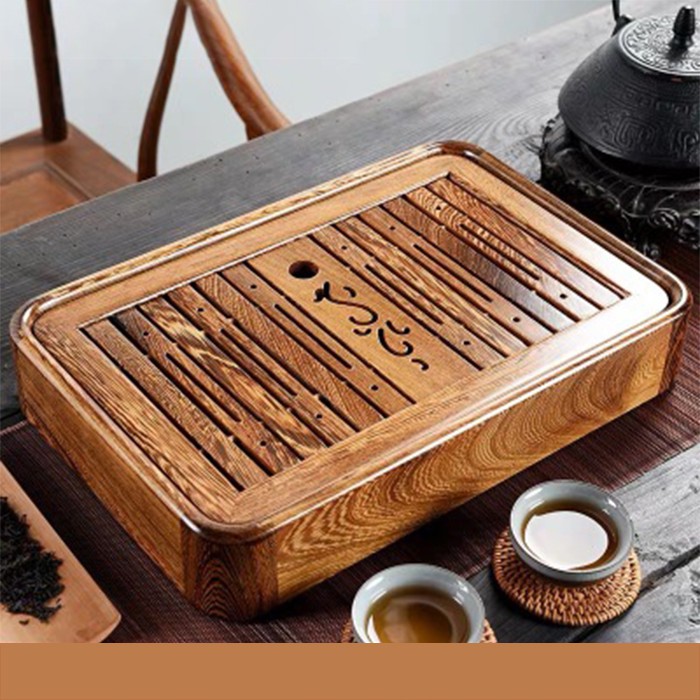 Khay trà gỗ rắn phòng khách, Khay gỗ để ấm chén trà hình chữ nhật sang trọng, hiện đại KG001