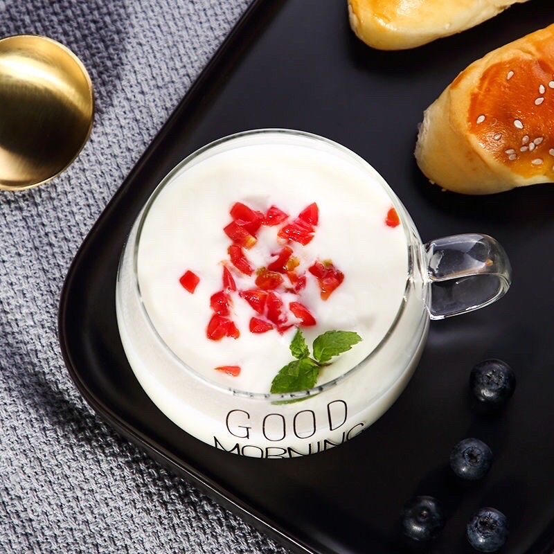 Ly thủy tinh dễ thương uống nước cute GOOD MORNING 350 ml Cốc thủy tinh chịu nhiệt có quai decor