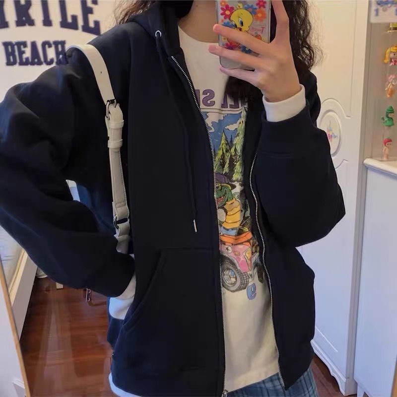 Áo khoác hoodie mỏng dáng rộng phối khóa kéo cá tính cho nữ