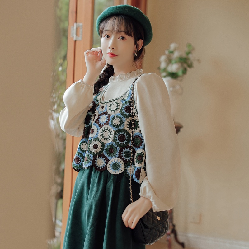 [Augustcloth] Áo gile khoác ngoài đan thêu hoa xanh phong cách Hàn Quốc | BigBuy360 - bigbuy360.vn