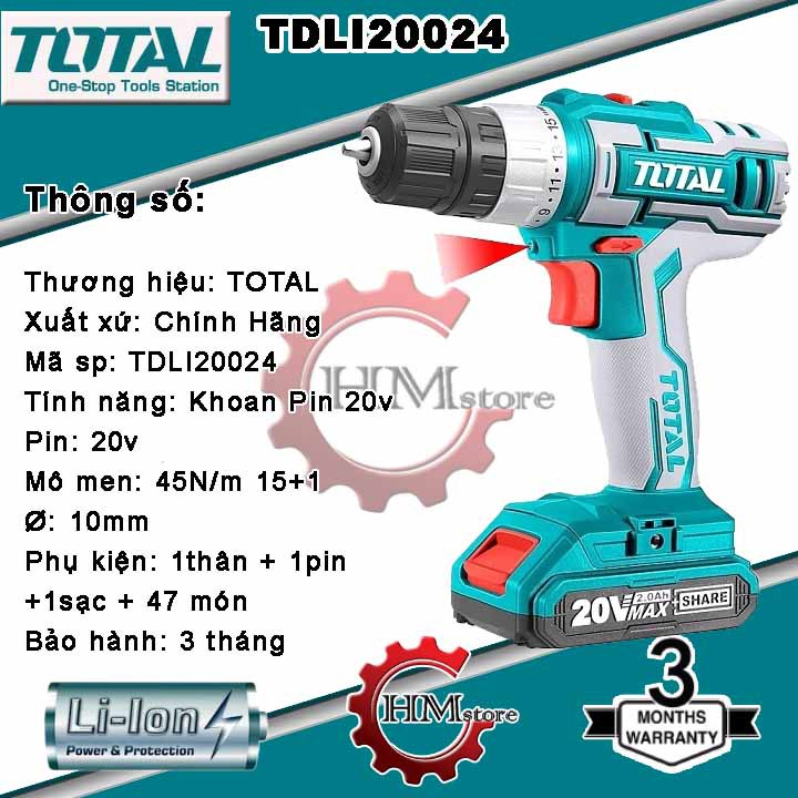 [Chính hãng] Máy Khoan dùng pin Li-ion 20V TOTAL TDLI20024  - Máy khoan pin cầm tay 20v