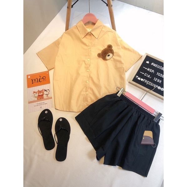 [Chuyên Sỉ] Bộ sơ mi gấu thêu nổi, quần chất kaki ống rộng có túi xéo, diện đi làm đi chơi đều sang xịn đẹp.