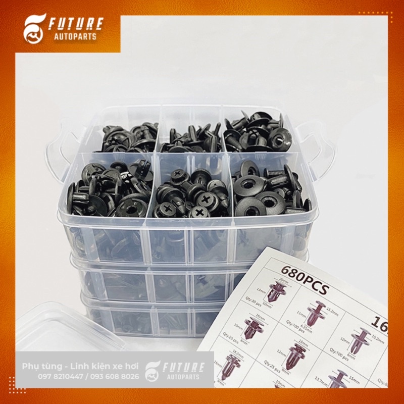 Bộ 680 chiếc vít nhựa, chốt nhựa, nở nhựa gồm 16 kích cỡ dành cho xe ô tô - Future Autoparts