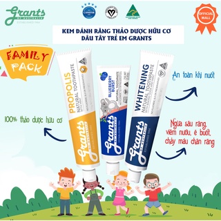 Kem đánh răng trẻ em - người lớn thảo dược hữu cơ Grants - 3 hộp keo ong, việt quất, trắng răng