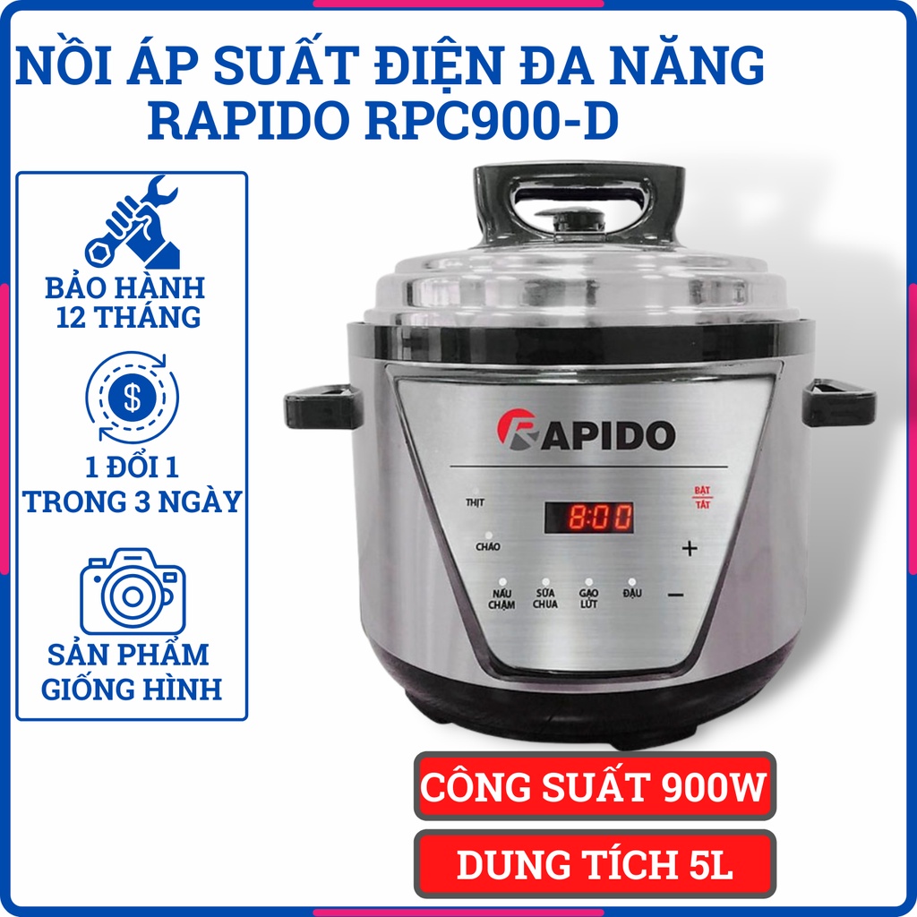 Nồi Hầm Điện Ninh Nhừ, Nồi Áp Suất Điện Đa Năng Rapido RPC900-D 5 Lít, Tự Động Xả, Khóa Van An Toàn, Dung Tích Lớn