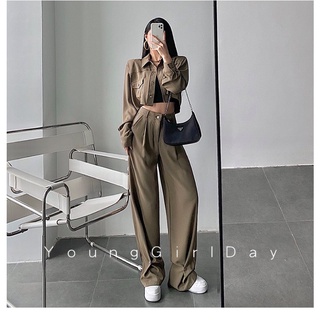 Set áo khoác somi sơmi sơ mi croptop tay dài quần âu cạp cao ống dài rộng phủ giày bấm khuy