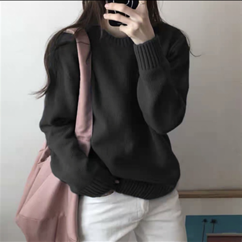 ♀♀Áo Sweater Dệt Kim Cổ Tròn Dáng Rộng Màu Trơn Thời Trang Thu Đông Phong Cách Hàn Quốc Cho Nữ