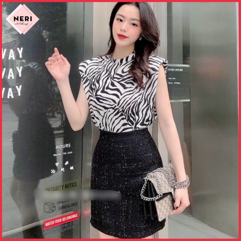 Áo công sở ngựa vằn G48 ngắn tay sát nách chất voan lụa cực mát, Áo họa tiết ngựa vằn sang chảnh cực kỳ thời trang