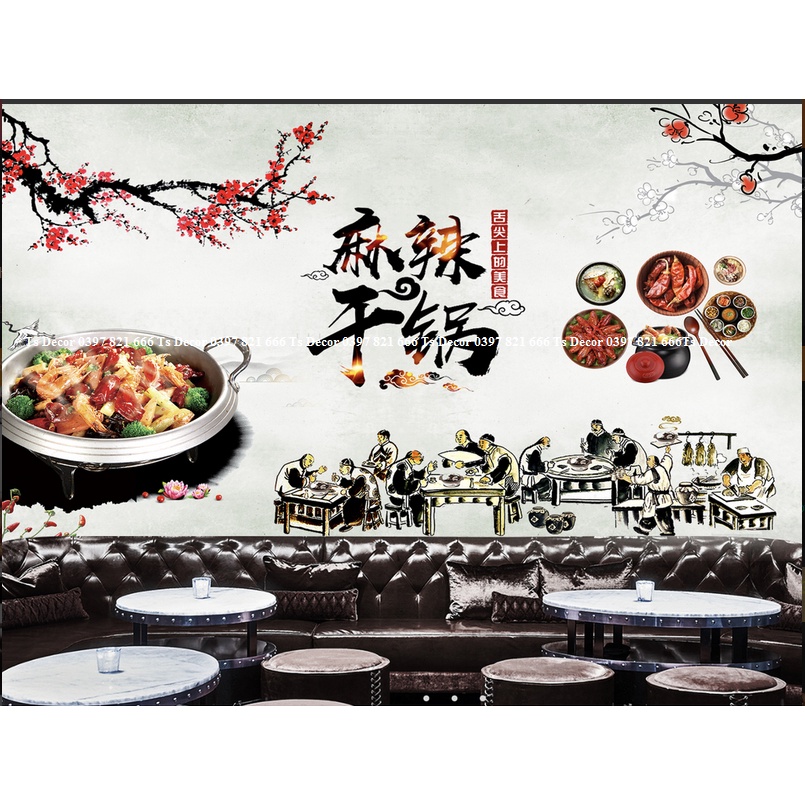 Tranh dán tường nhà hàng lẩu nướng 3D khổ lớn in theo kích thước yêu cầu – Không giới hạn kích thước