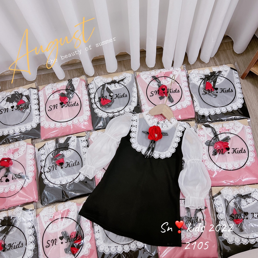 Váy cho bé gái, váy tiểu thư vải chéo hàn phối cổ ren và hoa trà đỏ cho bé size 12-32kg