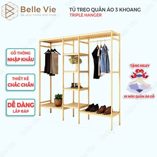 Tủ , Kệ Treo Quần Áo 3 Gian Triple Hanger BelleVie Bằng Gỗ Thông Lắp Ráp KT 151Cm x 35cm x 150Cm Nội Thất Hàn Quốc