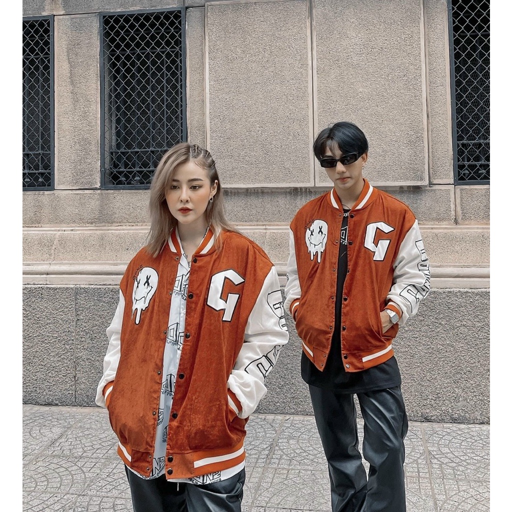 Áo khoác nhung kiểu bomber thêu hình icon mặt cười, Áo jacket varsity unisex nam nữ mẫu mới hot trend
