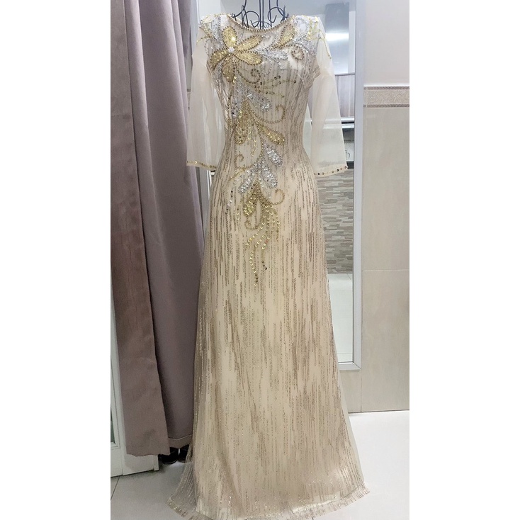 ÁO DÀI DỰ TIỆC KIM TUYẾN 4 TÀ MÀU KEM-ẢNH THẬT 100%