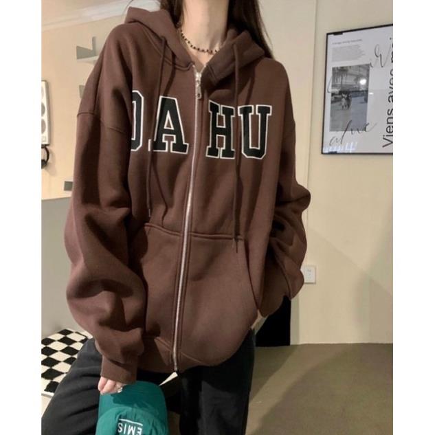 Áo khoác nỉ có mũ 2 lớp DAHU khoá zip FREESHIP Áo hoodie form rộng nỉ ngoại 2 màu thêu chữ bo tay cực xinh