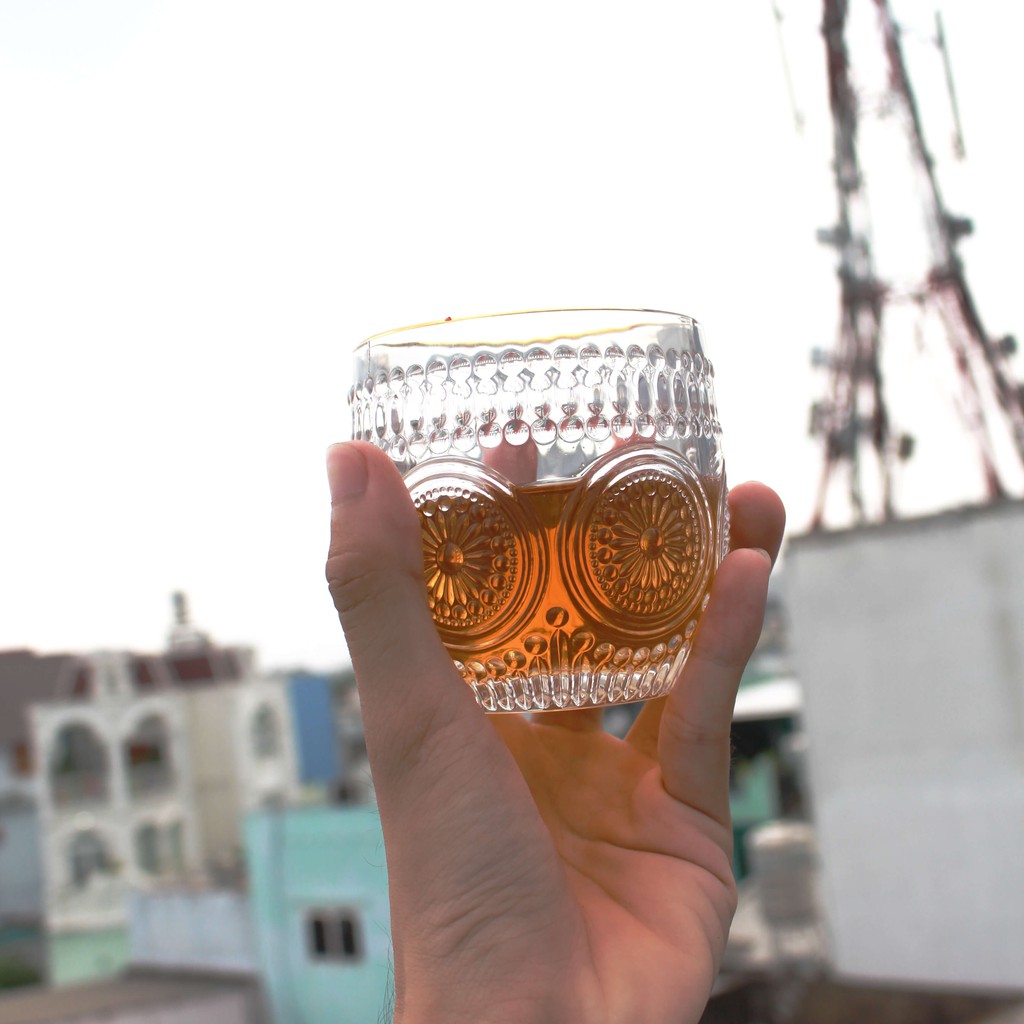 Ly thủy tinh decor cao cấp 265ml Hongli 77309 họa tiết hoa cúc mặt trời ☀️