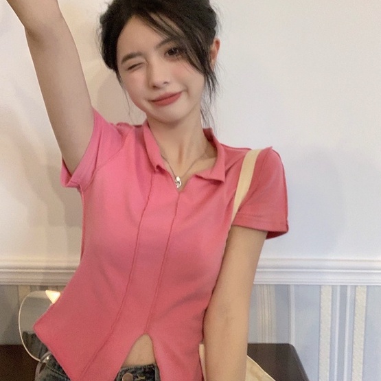 【ZHELIHANGFEI】 Áo Thun Dệt Kim Ngắn Tay Phong Cách Gợi Cảm