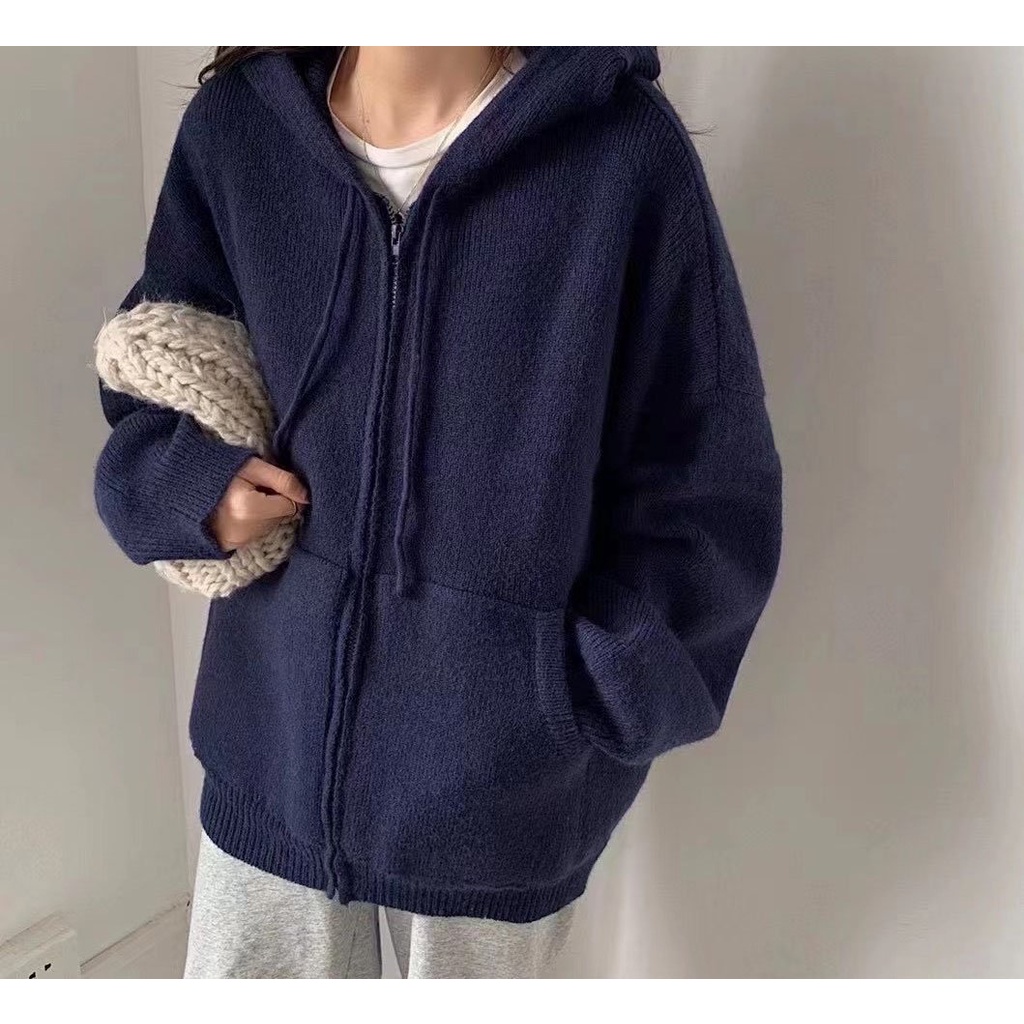 Áo Khoác Nỉ Len Tăm PEONYB Nữ [FREESHIP]  Hoodie zip form rộng tay bồng, sweater trơn màu pastel cá tính Ulzzang
