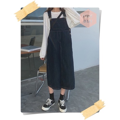 Váy yếm dài Yếm váy Yếm bò dáng dài FIRST DATE màu xanh đậm denim Yếm jean nữ hiện đại năng động