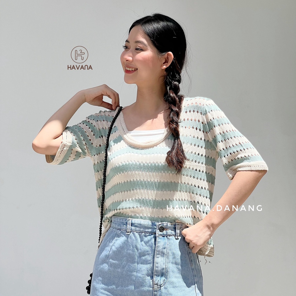 Áo len ngắn tay cổ tròn sọc ngang, áo lỗ cộc tay phong cách AE211