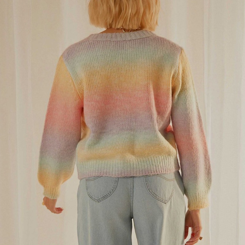 Áo Khoác Cardigan Dệt Kim Tay Dài Cổ Chữ V Phối Nút Màu Cầu Vồng Xinh Xắn Cho Nữ