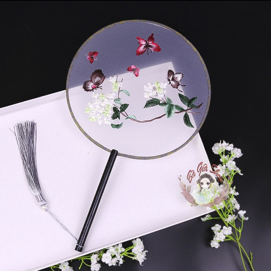 Quạt cổ trang quạt tròn thêu hoa trang trí (Nhiều mẫu)