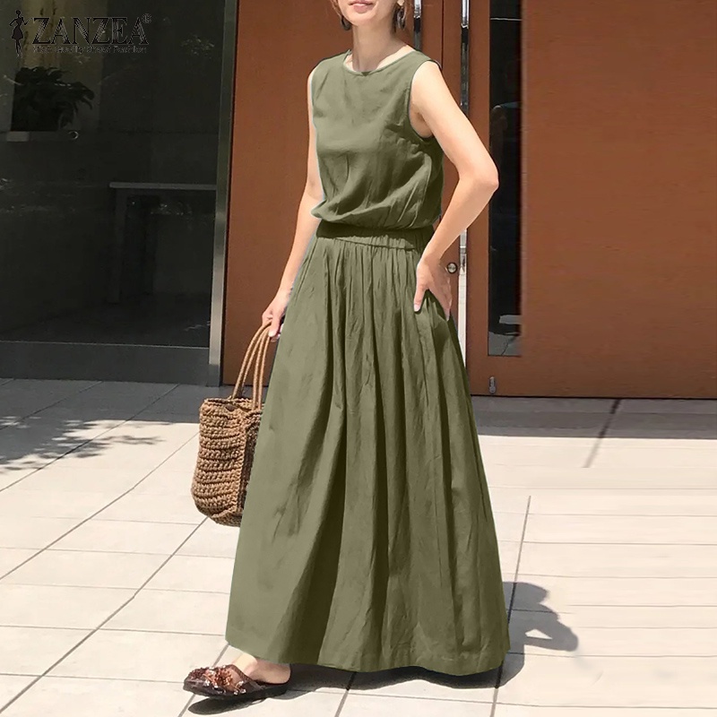 Đầm ZANZEA sát nách cổ tròn eo đàn hồi màu trơn phong cách Châu Âu đơn giản dành cho nữ