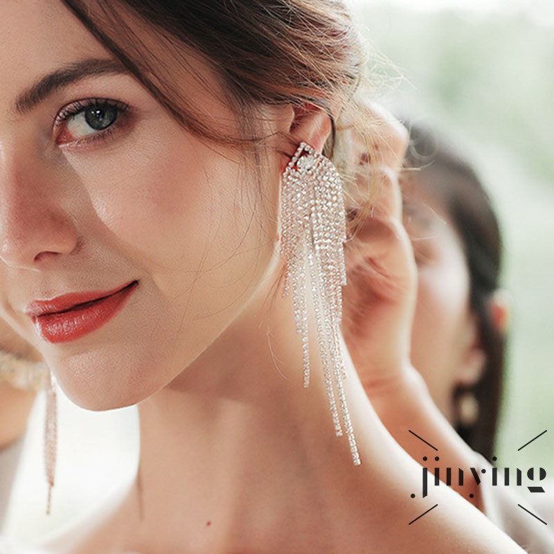GETNOIVAS Đôi khuyên tai tua rua dài đính đá nhân tạo phong cách Âu Mỹ bohemian thời trang