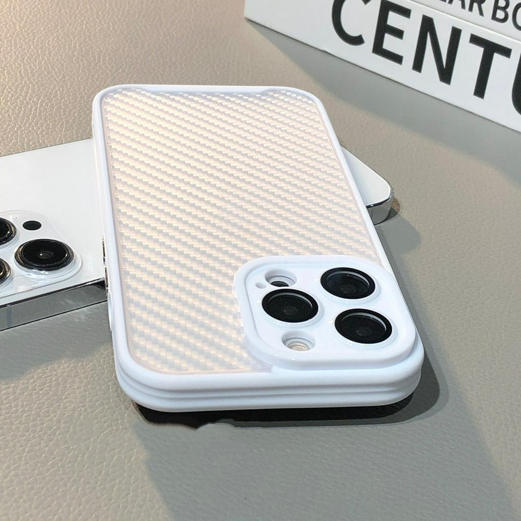 Ốp Điện Thoại Cứng Họa Tiết Sợi Carbon Màu Trắng Kèm Phim Dán Ống Kính Máy Ảnh Cho compatible for iPhone 11 12 13 14 pro max