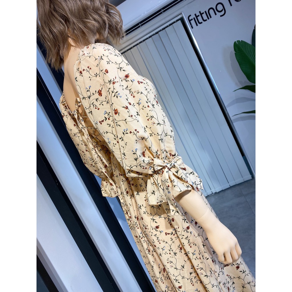 Đầm - Maxi Xòe Cổ Vuông Hở Lưng ULZZANG - Váy Xòe Cổ Vuông Tay Lỡ Cột Nơ Hở Lưng Quyến Rũ Kim'sHouse