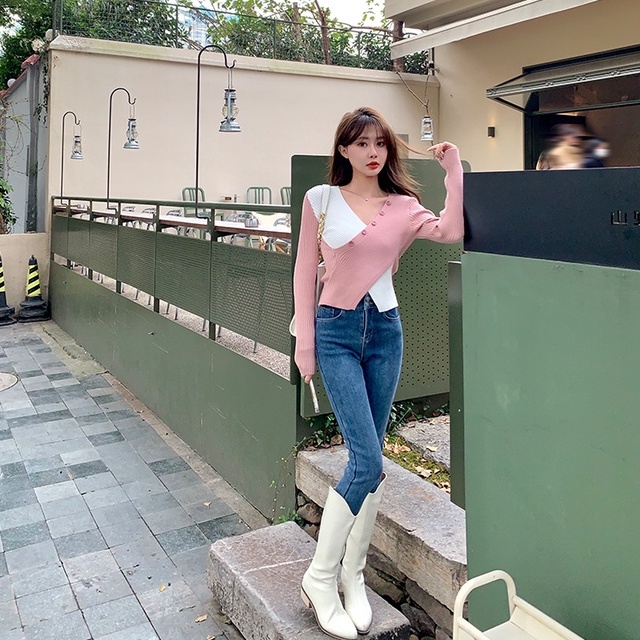 ZHELIHANGFEI Áo Dệt Kim Tay Dài Cổ Chữ V Chéo Eo Cao Dáng Ôm Gợi Cảm Dễ Phối