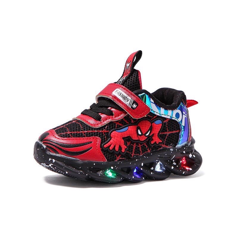 Giày thể thao spider man có đèn led nhấp nháy cho bé trai - Giày vải bé gái siêu nhân nhện đỏ, đế mềm nhẹ êm chân 98099