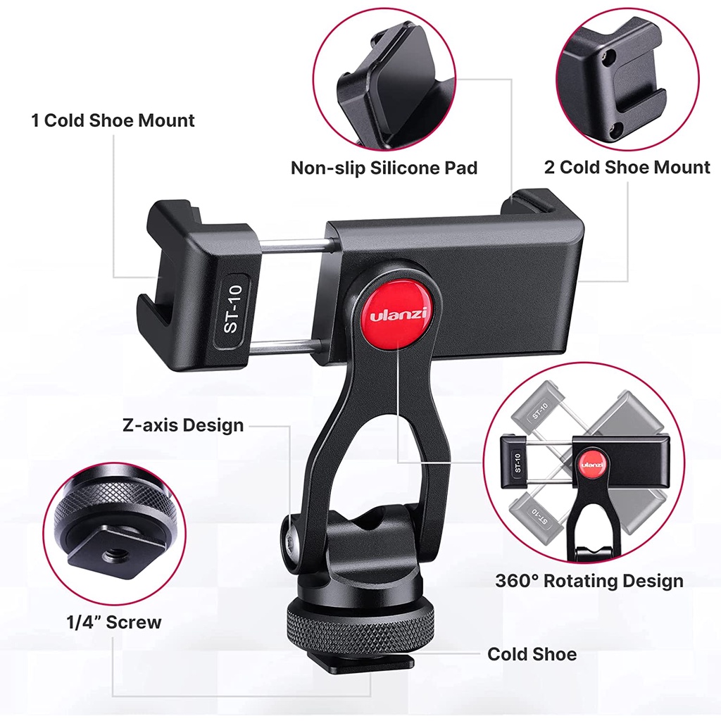 ULANZI ST-10 - Ngàm Kẹp Kim Loại Dành Cho Điện Thoại, Xoay 360 độ, Tích Hợp 2 Cold Shoe Mount